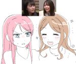  2girls bang_dream! bang_dream!_it&#039;s_mygo!!!!! blush brown_hair chihaya_anon closed_eyes frown grey_eyes long_hair multiple_girls nagasaki_soyo open_mouth photo_inset pink_hair s0y0ring simple_background smile white_background 