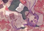  alternate_costume arms_up autumn_leaves black_legwear blurry book closed_mouth coat depth_of_field from_above hair_ornament hair_ribbon highres kuroi_(liar-player) leaf long_hair long_sleeves looking_at_viewer low_twintails lying maple_leaf neck_ribbon on_back on_ground outdoors purple_eyes purple_hair red_ribbon ribbon shadow solo sweater thighhighs twintails vocaloid voiceroid wing_collar yuzuki_yukari 