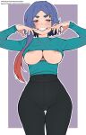  1girl absurdres animanghayo areola_slip black_leggings black_pants blue_hair breasts cameltoe cheek_pull commentary covered_navel english_commentary gradient_hair grin hands_up highres large_breasts leggings long_sleeves mayu_(animanghayo) mole mole_under_eye multicolored_hair original pants parted_bangs patreon_logo patreon_username smile solo subscribestar_logo subscribestar_username thick_eyebrows thigh_gap thighs underboob wide_hips 