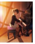  1girl artbook black_hair black_jacket black_thighhighs blazer collared_shirt dress_shirt gradient_hair green_eyes green_hair hair_between_eyes highres indoors instrument jacket loafers long_sleeves looking_at_viewer love_live! love_live!_nijigasaki_high_school_idol_club medium_hair miniskirt multicolored_hair music neck_ribbon nijigasaki_school_uniform non-web_source official_art piano plaid_clothes plaid_skirt playing_instrument pleated_skirt red_ribbon ribbon school_uniform shirt shoes sitting skirt smile solo sunlight takasaki_yu thighhighs twintails two-tone_hair white_shirt white_skirt winter_uniform zettai_ryouiki 