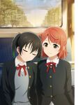  2girls artbook black_hair black_jacket blazer blunt_bangs bow braid braided_bun buttons closed_eyes collared_shirt dress_shirt gradient_hair green_hair hair_between_eyes hair_bun hair_ornament hairclip hairpin half_updo highres jacket long_sleeves love_live! love_live!_nijigasaki_high_school_idol_club medium_hair multicolored_hair multiple_girls neck_ribbon nijigasaki_school_uniform non-web_source official_art open_clothes open_jacket parted_lips pink_hair red_bow red_ribbon ribbon school_uniform shirt single_side_bun sleeping sleeping_on_person sleeping_upright smile sweater_vest swept_bangs takasaki_yu train_interior tree twintails two-tone_hair uehara_ayumu white_shirt yellow_eyes 