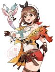  1girl atelier_(series) atelier_ryza bare_shoulders breasts brown_eyes brown_hair cowboy_shot highres kaninoko large_breasts red_shorts reisalin_stout shorts simple_background solo_focus vest white_background yellow_vest 