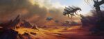  absurdres blue_sky carapace cloud cloudy_sky commentary day desert english_commentary extra_eyes floating green_eyes highres krita_(medium) landscape mecha monster mountain original outdoors philipp_urlich robot rock sand scenery science_fiction signature sky sunlight walker_(robot) 