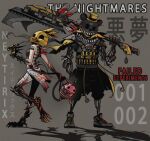  1boy 1girl animal_ears bear_ears chica english_text eye_socket five_nights_at_freddy&#039;s five_nights_at_freddy&#039;s_4 hat highres humanization mechanical_arms mechanical_legs neytirix nightmare_(five_nights_at_freddy&#039;s) shadow sharp_teeth simple_background teeth top_hat weapon 