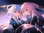  absurdres aqua_hair bang_dream! bang_dream!_it&#039;s_mygo!!!!! chihaya_anon christmas collared_shirt highres holding_hands jewelry long_hair looking_to_the_side medium_hair mygo!!!!!_(bang_dream!) myth1944 necklace pink_hair purple_eyes shirt takamatsu_tomori yuri 