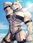 abs absurd_res anthro argonian armband barazoku beach biped black_clothing bulge clothed clothed_anthro clothed_male clothing cloud fingers front_view half-length_portrait hand_behind_head hi_res horn humanoid_hands looking_at_viewer male microsoft muscular muscular_anthro muscular_male navel outside pecs portrait red_eyes scales scalie skimpy sky smile solo standing sun tail the_elder_scrolls vanilla_(scalieblender) viriartboy water white_body white_scales