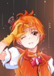  1boy artist_name black_hat brooch closed_mouth commentary cure_wing earrings frown gloves hand_in_own_hair hat highres hirogaru_sky!_precure jacket jewelry long_hair looking_at_viewer magical_boy manekineko5319 mini_hat mini_top_hat one_eye_closed orange_gloves orange_hair orange_jacket precure puffy_short_sleeves puffy_sleeves rain red_eyes short_sleeves signature solo tilted_headwear top_hat upper_body wing_brooch yuunagi_tsubasa 