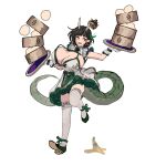  1girl absurdres banana_peel biscione_(fate) black_hair blush breasts china_dress chinese_clothes cleavage clumsy covered_nipples crown dragon_girl dragon_horns dragon_tail dress dumpling earrings fate/grand_order fate_(series) food frilled_dress frills highres holding holding_tray horns huge_breasts jewelry mini_crown multicolored_hair pointy_ears red_eyes shibao_aoyama short_hair simple_background single_earring solo streaked_hair sweatdrop tail tears thighhighs thighs tray tripping white_background white_thighhighs 