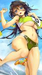  :d armpits arms_up bare_legs black_hair blue_eyes breasts cleavage day hair_between_eyes happoubi_jin highres hips large_breasts long_hair navel open_mouth original outdoors shoes sky smile sneakers solo thighs track_uniform underboob 