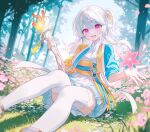  1girl :d animal_ears blue_jacket character_request commentary_request cropped_jacket day feet_out_of_frame forest g_ieep hair_between_eyes head_tilt highres holding holding_staff horns jacket long_hair looking_at_viewer maplestory nature obi outdoors petals pink_eyes pleated_skirt puffy_short_sleeves puffy_sleeves sash sheep_ears sheep_girl sheep_horns short_sleeves skirt smile solo staff thighhighs tree two_side_up white_skirt white_thighhighs 