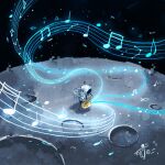  1other absurdres artist_name astronaut backpack bag beamed_sixteenth_notes commentary constellation crater eighth_note fish flying_fish gloves helmet highres holding holding_instrument holding_saxophone instrument kazunoko_(kazunoko_zunoco) moon music musical_note musical_staff original other_focus outdoors playing_instrument quarter_note radio_antenna saxophone signature solo space space_helmet spacesuit standing star_(sky) white_gloves 