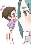  2girls absurdres aqua_eyes aqua_hair brown_eyes brown_hair closed_mouth commentary_request expressionless from_side hand_on_another's_face highres holding holding_mini_person izu_lemon jacket mini_person minigirl monogatari_(series) multiple_girls nademonogatari on_finger ononoki_yotsugi profile purple_jacket sengoku_nadeko short_bangs simple_background standing thick_eyebrows white_background 
