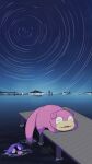  artist_name city_lights dock fang highres horizon in_water mountain mountainous_horizon night night_sky no_humans outdoors pink_fur pink_tail pokemon pokemon_(creature) pokemon_focus shellder sky slowpoke star_(sky) star_trail tatsumi_(panneko) watermark 