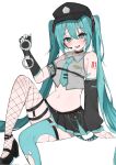  1girl bare_shoulders black_gloves black_hat black_shoes black_skirt black_sleeves blue_eyes blue_hair blue_nails blue_necktie blue_thighhighs blush cropped_shirt cuffs detached_sleeves fingerless_gloves fishnet_thighhighs fishnets gloves grey_shirt hair_between_eyes handcuffs hat hatsune_miku high_heels highres holding holding_handcuffs long_hair looking_at_viewer microphone navel necktie number_tattoo open_mouth peaked_cap shirt shoes shoulder_tattoo sidelocks single_glove single_sleeve skirt solo sweat tattoo thighhighs torn_clothes torn_thighhighs twintails vocaloid waimoniku 