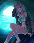  backpack bad_id bad_pixiv_id bag bikini cave danganronpa flipped_hair hair_ornament hood hoodie nanami_chiaki ocean okuragon pink_eyes short_hair solo super_danganronpa_2 swimsuit 