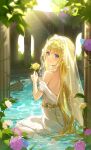  1girl absurdres back blonde_hair blue_eyes blue_flower blush closed_mouth column commentary commission day dress flower from_behind gloria_(gloriao3o) hands_up highres holding holding_flower light_smile long_hair looking_at_viewer looking_back off_shoulder original outdoors partially_submerged pillar pink_flower purple_flower sitting solo sunlight veil very_long_hair wariza water wet wet_clothes white_dress white_veil yellow_flower 