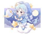 1girl absurdres ahoge aqua_bow aqua_hair bare_shoulders black_eyes blue_dress blue_hat blue_pajamas blue_ribbon blue_sleeves blue_slippers border bow braid brooch butterfly_net celestial_whispers_(infinity_nikki) chibi choker cloud cloud_hair_ornament cloudy_sky crescent crescent_hair_ornament detached_sleeves dot_nose dress earrings eyelashes floating_hair footwear_bow frilled_wrist_cuffs frills full_moon fur-trimmed_dress fur-trimmed_slippers fur_choker fur_trim fur_wrist_cuffs gradient_clothes gradient_dress hair_ornament hand_net happy hat hat_ornament highres holding holding_butterfly_net infinity_nikki jewelry light_blush light_particles long_dress long_hair looking_ahead low_twin_braids moon night night_sky nightcap nightgown nikki_(series) nuli_de_chengzhi_er on_cloud open_mouth outdoors outside_border pajamas parted_bangs puffy_short_sleeves puffy_sleeves ribbon short_sleeves sky slippers smile solo sparkle star_(symbol) star_brooch star_earrings star_hat_ornament star_print striped_clothes striped_dress tareme twin_braids vertical-striped_clothes vertical-striped_dress very_long_hair walking wavy_hair white_border white_choker white_wrist_cuffs wrist_cuffs 