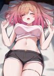  1girl absurdres akuame_(ring3922) bed bed_sheet black_shorts blonde_hair blush breasts closed_eyes commentary crop_top drooling gradient_hair hair_between_eyes hair_ornament hair_spread_out hairclip highres hololive hololive_dev_is ichijou_ririka ichijou_ririka_(1st_costume) indoors jewelry large_breasts long_hair looking_at_viewer lying multicolored_hair nail_polish navel on_back on_bed parallel_hairclips pillow pink_hair pink_nails pink_shirt shirt short_shorts shorts sleeping solo stomach thighlet thighs very_long_hair virtual_youtuber 