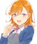  1girl adjusting_hair blue_jacket commentary_request dress grey_dress highres jacket k_ansuta long_hair love_live! love_live!_superstar!! neck_ribbon open_mouth orange_hair purple_eyes red_ribbon ribbon school_uniform shibuya_kanon shirt smile solo swept_bangs white_background white_shirt yuigaoka_school_uniform 