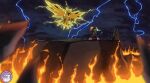 absurd_res angry avian blaziken clothing determined electricity fire generation_1_pokemon generation_3_pokemon hi_res hyperchibiabsol legendary_pokemon lightning mountain nintendo original_character pokemon pokemon_(species) pokemonoc poncho rudy_the_blaziken scar size_difference thunder zapdos