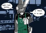 alternative_fashion anthro apron barista biped clenched_teeth clothing ear_piercing ear_ring emo facial_piercing green_apron green_clothing lagomorph leporid looking_at_viewer male mammal nose_piercing nose_ring photo_background photography_(artwork) piercing profanity rabbit ring_piercing snafuqd solo teeth