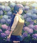  1girl arms_behind_back azuma_(no488888) black_thighhighs blue_flower blue_skirt bow bowtie breasts collared_shirt commentary_request cowboy_shot dated english_text floral_background flower green_bow green_bowtie green_eyes hair_ornament hair_scrunchie hydrangea large_breasts looking_at_viewer love_live! love_live!_school_idol_project otonokizaka_school_uniform outdoors plaid_clothes plaid_skirt ponytail purple_eyes purple_flower school_uniform scrunchie shirt skirt smile solo striped_bow striped_bowtie striped_clothes summer_uniform sweater sweater_vest swept_bangs thighhighs three-quarter_sleeves tojo_nozomi white_shirt yellow_sweater 