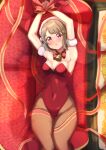  1girl absurdres animal_ears armpits bell blush bound bound_wrists breasts brown_hair brown_pantyhose cleavage commentary couch fake_animal_ears hair_ornament hairband hairclip highres leotard long_ribbon looking_at_viewer love_live! love_live!_nijigasaki_high_school_idol_club lying medium_breasts nakasu_kasumi neck_bell on_back on_couch open_mouth pantyhose playboy_bunny rabbit_ears red_couch red_eyes red_hairband red_leotard red_ribbon ribbon solo sophiaenju symbol-only_commentary wide_hips 