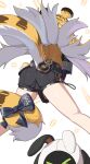  1girl absurdres animal_ears bangboo_(zenless_zone_zero) black_ribbon black_shorts blonde_hair commentary eous_(zenless_zone_zero) from_behind highres ju_fufu multicolored_hair ribbon shorts simple_background tagme tail tail_ornament tail_ribbon thighs tiger_ears tiger_girl tiger_tail two-tone_hair w.k white_background white_hair zenless_zone_zero 