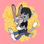  anthro blush clothed clothing disney duo fan_character feline female hi_res hug judy_hopps lagomorph long_ears male mammal mkbuster rabbit simple_background smile zootopia 