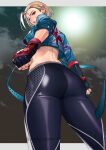  1girl absurdres artist_name ass back black_gloves black_pants black_sports_bra blonde_hair blue_eyes blue_jacket breasts cammy_white commentary cropped_jacket fingerless_gloves gloves highres jacket kagematsuri looking_at_viewer looking_back midriff pants parted_lips revision scar scar_on_cheek scar_on_face short_hair short_sleeves solo sports_bra street_fighter street_fighter_6 thighs tight_clothes tight_pants twitter_username watermark 