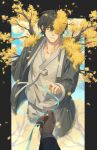  2boys aqua_ribbon black_border black_hair border branch chinese_commentary e.g.o_(project_moon) falling_petals flower flower_over_eye grey_hanbok hanbok highres holding holding_ribbon hong_lu_(project_moon) korean_clothes limbus_company long_sleeves looking_at_viewer male_focus multiple_boys out_of_frame pants parted_lips petals project_moon pudding_1106 reflection reflective_water ribbon short_hair spicebush_(e.g.o) standing technology_liberation_alliance_(identity)_(project_moon) wading water white_hanbok white_pants wide_sleeves yellow_eyes yellow_flower yellow_petals yi_sang_(project_moon) 