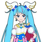  1girl absurdres blue_cape blue_dress blue_eyes blue_hair bow brooch cape closed_mouth commentary cure_sky cut_bangs detached_sleeves dress dress_bow earrings gloves hair_ornament hand_on_own_hip highres hirogaru_sky!_precure jewelry long_hair looking_at_viewer magical_girl masami_01st multicolored_hair pink_bow pink_hair precure puffy_detached_sleeves puffy_sleeves red_cape simple_background single_sidelock sleeveless sleeveless_dress smile solo sora_harewataru streaked_hair twintails two-sided_cape two-sided_fabric two-tone_dress two-tone_hair upper_body very_long_hair white_background white_dress white_gloves wing_brooch wing_hair_ornament 