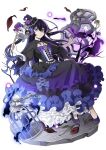  1girl ahoge birdcage black_hair blue_eyes blue_flower bow broken_glass bungou_stray_dogs cage chain closed_mouth dress feathers floating_hair flower frilled_dress frills full_body glass hair_between_eyes hair_ribbon halloween hat high_heels holding holding_mask izumi_kyouka_(bungou_stray_dogs) layered_dress leaf long_hair mask masquerade_mask mini_hat multicolored_dress official_alternate_costume official_alternate_hairstyle official_art petals purple_bow purple_flower purple_rose ribbon rose shoes solo third-party_source transparent_background two_side_up wavy_hair witch_hat 