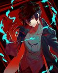  amamiya_ren black_hair blue_fire copyright_name fire looking_at_viewer male_focus persona persona_5 solo yamakawa 