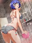  00s 1girl ass back bare_shoulders blue_hair blush bra breasts butt_crack curvy eyepatch female huge_ass ikkitousen large_breasts looking_at_viewer looking_back open_mouth panties ryomou_shimei short_hair sideboob solo standing striped_panties swimsuit underwear wet 