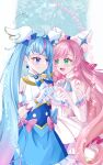  2girls artist_name ascot blue_bow blue_cape blue_dress blue_eyes blue_hair bow braid brooch cape center_frills closed_mouth commentary crown_braid cure_prism cure_sky cut_bangs detached_sleeves dress dress_bow earrings elbow_gloves fingerless_gloves four-finger_heart_hands frilled_dress frills glove_bow gloves gradient_hair green_eyes hair_bow hair_ornament heart heart_hands heart_hands_duo highres hirogaru_sky!_precure jewelry layered_dress long_hair looking_at_another magical_girl medium_dress mito_(fate) multicolored_hair multiple_girls nijigaoka_mashiro open_mouth pink_bow pink_hair precure puffy_detached_sleeves puffy_sleeves red_cape side_braids signature single_sidelock sleeveless sleeveless_dress smile sora_harewataru sparkle standing streaked_hair twintails two-sided_cape two-sided_fabric two-tone_dress two-tone_hair very_long_hair white_ascot white_bow white_dress white_gloves wing_brooch wing_hair_ornament 