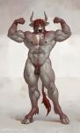 2025 abs ankle_tuft anthro arm_tuft balls bovid bovine cattle cloven_hooves digital_media_(artwork) elbow_tuft flexing flexing_bicep flexing_both_biceps flexing_muscles foreskin front_view full-length_portrait fur genitals green_eyes hair hi_res hooves horn humanoid_genitalia humanoid_penis leg_tuft male mammal muscular muscular_anthro muscular_male nipples nude nude_anthro nude_male pecs penis portrait red_hair signature simple_background solo standing tail tail_tuft taran_fiddler tuft vein veiny_muscles