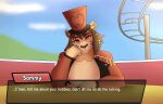animated anthro brown_hair clothed clothing felid feline female hair hat headgear headwear hi_res in_heat_(game) looking_at_viewer mammal pantherine photolol.03 pink_eyes sammy_(in_heat) shoulder_pads simple_background solo text text_box tiger top_hat
