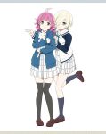 2girls ahoge animal artbook black_thighhighs blonde_hair blue_jacket blunt_bangs blunt_ends cat hair_over_one_eye highres holding holding_animal jacket loafers long_sleeves looking_at_viewer love_live! love_live!_nijigasaki_high_school_idol_club medium_hair mia_taylor multicolored_hair multiple_girls neck_ribbon nijigasaki_school_uniform non-web_source official_art pink_hair pleated_skirt purple_eyes ribbon school_uniform shirt shoes short_hair skirt smile socks standing standing_on_one_leg tennoji_rina thighhighs white_cat white_shirt white_skirt winter_uniform yellow_eyes 