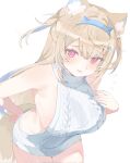  1girl animal_ear_fluff animal_ears backless_outfit blonde_hair blue_hair blue_nails breasts eliora202 eyes_visible_through_hair fuwawa_abyssgard hairband highres hololive large_breasts long_hair meme_attire multicolored_hair pink_eyes streaked_hair virgin_killer_sweater 