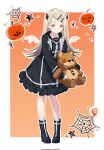  1girl black_boots black_dress blonde_hair boots commentary corrupted_twitter_file demon_horns demon_wings dress earrings full_body gakuen_idolmaster hair_ornament hairclip highres holding holding_stuffed_toy horns idolmaster jack-o&#039;-lantern jewelry leaning_forward long_hair long_sleeves looking_at_viewer orange_eyes shinosawa_hiro silk smile socks solo spider_web standing star_(symbol) stuffed_animal stuffed_toy symbol-only_commentary teddy_bear tupikeee white_socks wings 