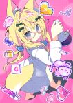  1girl ^^^ animal_ears barefoot black_bow blonde_hair blue_eyes blue_scrunchie blush bow closed_mouth copyright_request flask fox_ears fox_girl fox_tail full_body fuuna_thise glasses hair_between_eyes hair_bow hair_ornament hair_scrunchie heart highres holding lab_coat long_hair looking_at_another looking_at_viewer low_twintails pink_background pixelated red-framed_eyewear round-bottom_flask scrunchie solo syringe tail tail_through_clothes teardrop-framed_glasses twintails v-shaped_eyebrows very_long_hair virtual_youtuber walking 