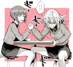  2girls arm_wrestling bonkara_(sokuseki_maou) clenched_teeth closed_eyes commentary_request girls_und_panzer grimace hand_on_table hands_clasped holding itsumi_erika kuromorimine_school_uniform military military_uniform multiple_girls nishizumi_miho open_mouth own_hands_together short_hair sitting sketch smile spoken_ellipsis stool sweatdrop table teeth trembling uniform 