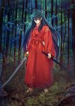  alternate_form barefoot black_hair blue_eyes forest grass highres inuyasha inuyasha_(character) japanese_clothes jewelry katana long_hair male_focus motobi_(mtb_umk) nature necklace sheath solo sword very_long_hair weapon 