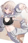  1girl absurdres black_sports_bra blonde_hair breasts closed_mouth elroud0050 hair_ornament hairpin highres hololive hololive_dev_is looking_at_viewer multicolored_hair one_eye_closed pants purple_eyes purple_hair short_hair shrug_(clothing) small_breasts smile solo sports_bra streaked_hair todoroki_hajime two_side_up v virtual_youtuber white_pants white_shrug 