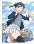  1girl artbook black_hair black_jacket black_thighhighs blazer blue_sky bow cloud collared_shirt day gradient_hair green_eyes green_hair hair_between_eyes highres jacket long_sleeves looking_at_viewer love_live! love_live!_nijigasaki_high_school_idol_club medium_hair miniskirt multicolored_hair neck_ribbon nijigasaki_school_uniform non-web_source official_art open_clothes open_jacket open_mouth outdoors plaid_clothes plaid_skirt pleated_skirt rainbow red_ribbon ribbon school_uniform shirt skirt sky smile solo sweater_vest takasaki_yu thighhighs twintails two-tone_hair vest white_shirt white_skirt winter_uniform zettai_ryouiki 