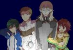  4boys :o animal_print arm_behind_head arm_hug bad_id bad_pixiv_id blonde_hair blue_background blue_eyes bored brown_eyes brown_hair clenched_hand collared_shirt cowlick cross_scar echizen_ryooma facing_viewer flashlight fuji_yuuta grabbing_another&#039;s_arm green_hair hair_between_eyes handsome588 height_difference high_collar holding holding_flashlight jacket light_frown liliadent_krauser long_sleeves looking_down looking_to_the_side male_focus medium_hair multicolored_jacket multiple_boys narrowed_eyes nervous open_mouth parted_lips raised_eyebrows red_hair scar scar_on_face scar_on_forehead shirt short_eyebrows short_hair side-by-side simple_background sportswear sweatdrop tennis_no_ouji-sama tennis_uniform tooyama_kintarou track_jacket two-tone_jacket underlighting upper_body v-shaped_eyebrows very_short_hair wide-eyed wispy_bangs 