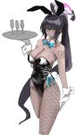  1girl animal_ear_hairband animal_ears aqua_bow aqua_bowtie black_hair black_leotard blue_archive bow bowtie breasts cleavage cropped_legs dark-skinned_female dark_skin detached_collar domudomuunadon fake_animal_ears fishnet_pantyhose fishnets gloves hairband halo highres karin_(blue_archive) karin_(bunny)_(blue_archive) large_breasts leotard long_hair number_tattoo official_alternate_costume pantyhose playboy_bunny purple_halo rabbit_ears rabbit_tail simple_background solo standing strapless strapless_leotard tail tattoo tray white_background white_gloves wrist_cuffs 