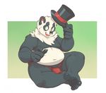  2016 4_toes 5_fingers abstract_background anthro bear belly black_fur black_markings black_nose blush bulge clothed clothing crossed_legs digital_media_(artwork) eye_markings facial_piercing front_view full-length_portrait fundoshi fur gazpacho_(artist) green_eyes hat inner_ear_fluff japanese_clothing looking_at_viewer male mammal markings multicolored_fur navel neck_tuft nose_piercing open_mouth panda piercing plantigrade portrait septum_piercing sitting slightly_chubby smile soles solo tempest_panda toes top_hat tuft two_tone_fur underwear white_fur 