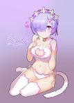  2016 alternate_costume animal_band_legwear bare_arms bare_shoulders bell bell_choker blue_eyes blue_hair bra breasts cat_band_legwear cat_cutout cat_ear_panties cat_lingerie cat_tail choker cleavage cleavage_cutout closed_mouth collarbone copyright_name dated full_body hair_ornament hair_over_one_eye hairband hand_on_own_chest heart highres jingle_bell kemonomimi_mode looking_at_viewer medium_breasts meme_attire navel panties purple_background re:zero_kara_hajimeru_isekai_seikatsu rem_(re:zero) ribbon rushi_(bloodc) short_hair side-tie_panties simple_background smile solo stomach tail thighhighs thighs underwear underwear_only white_bra white_legwear white_panties white_ribbon x_hair_ornament 